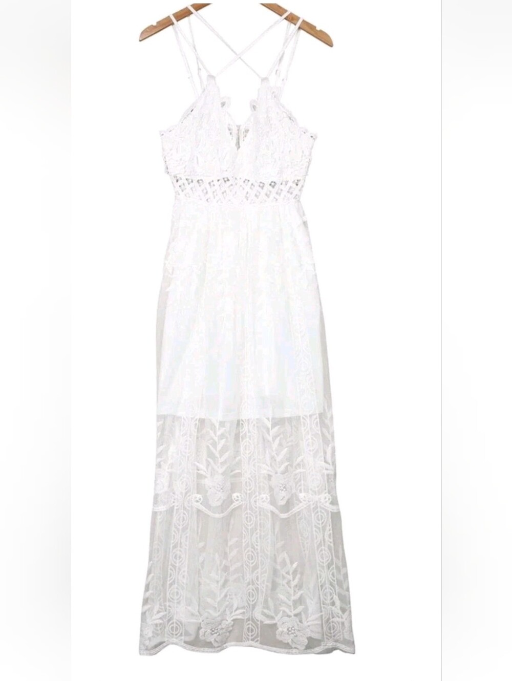 White Lace Maxi Dress Wedding Bralette Top Sheer Boho Crochet Scalloped Beach L - Picture 4 of 13